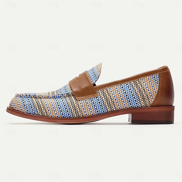  Men's Woven Leather Penny Loafers in Blue Houndstooth