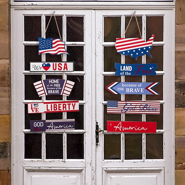  decoraties voor de onafhankelijkheidsdag: houten hangende ornamenten met Amerikaanse vlag, Amerikaanse letters in rood, blauw, voor herdenkingsdag/vierde juli