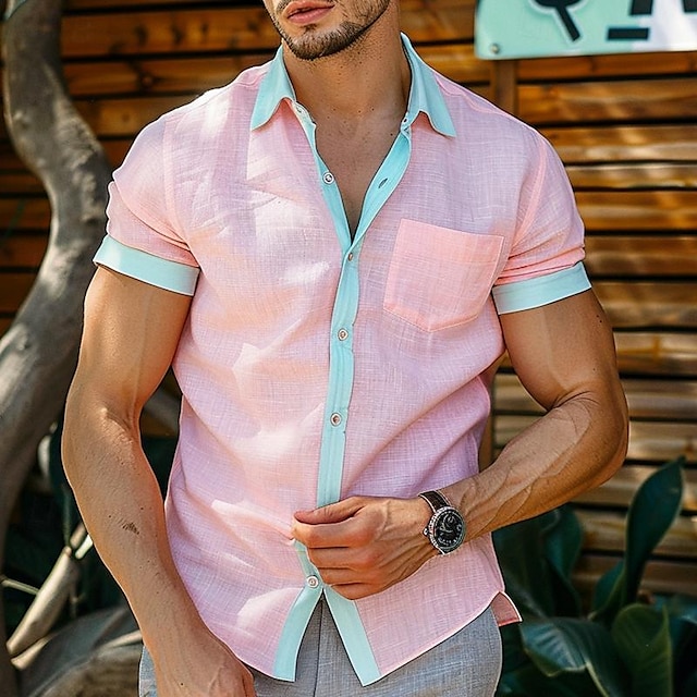  Pánské Košile plátěná košile Letní košile Plážová košile Světlá růžová Krátký rukáv Bez vzoru Límeček Léto Jaro Ležérní Denní Oblečení
