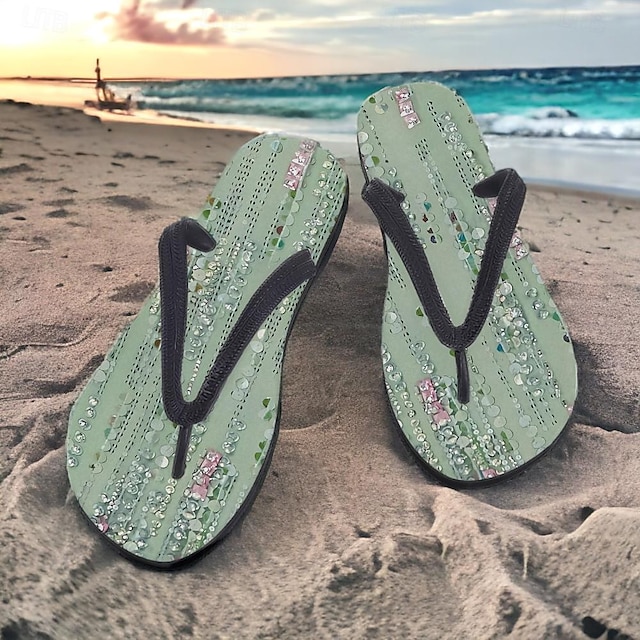  Women's Slippers Flip-Flops Print Shoes Flip-Flops Beach Slippers Daily Vacation Travel Floral Flat Heel Vacation Fashion Casual EVA Green