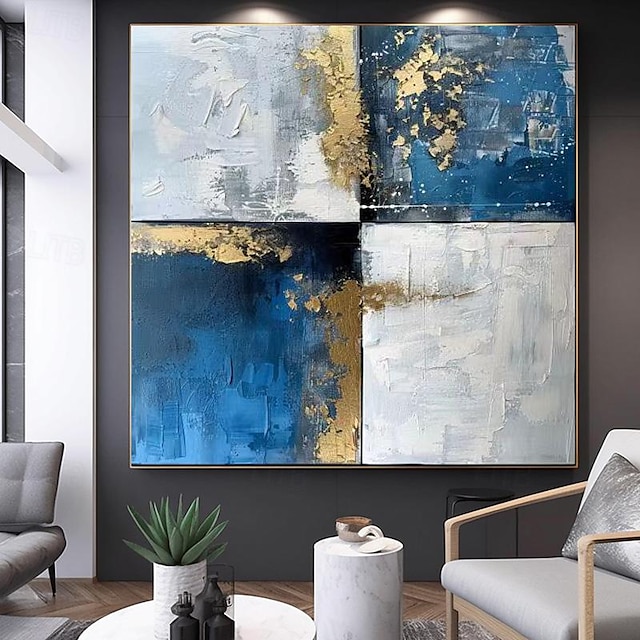  Peinture suspendue abstraite de luxe faite à la main, moderne simple, blanc, or, bleu, texture, décoration de maison pour salon, sans cadre