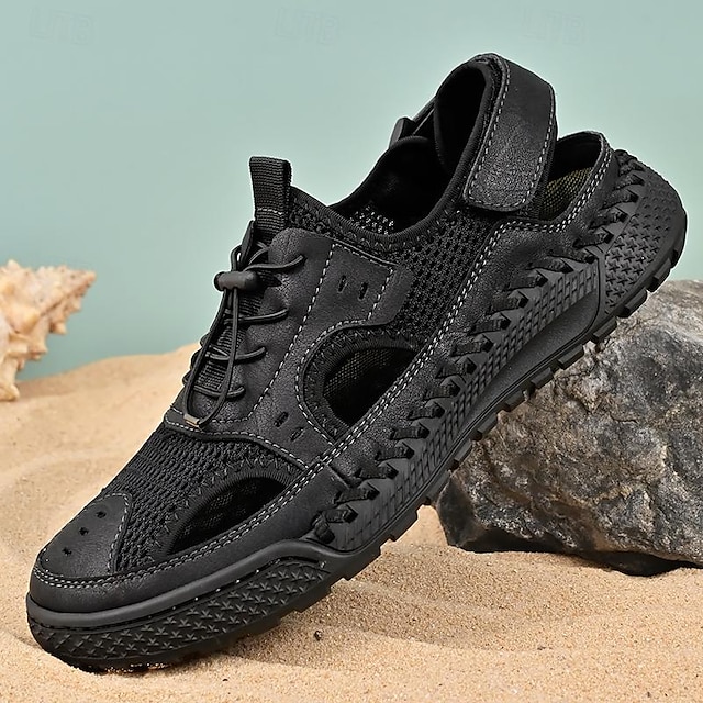  Men's Sandals Retro Handmade Shoes Walking Casual Daily Beach Leather Comfortable Magic Tape Slip-on Black Khaki Spring Fall