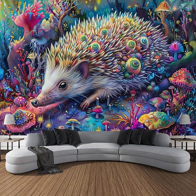  Hedgehog Blacklight Tapestry UV Reactive Glow in the Dark Trippy Misty Animals Hanging Tapestry Wall Art Mural for Living Room Bedroom