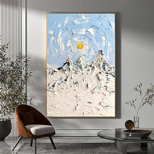  Pintura a óleo abstrata do nascer do sol feita à mão, montanha de neve branca com alta textura, arte de paisagem de alta qualidade, arte de parede para decoração de casa, quadro pronto para pendurar