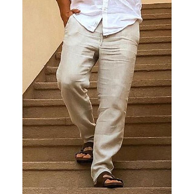 Men's Linen Pants Trousers Summer Pants Drawstring Elastic Waist Plain Comfort Soft Daily Beach Fashion Simple Khaki Micro-elastic 5