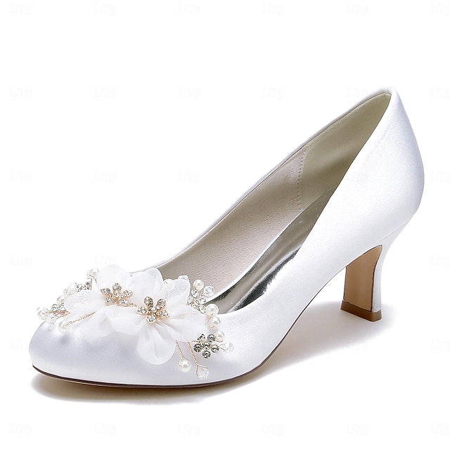  Dámské Svatební obuv Valentýnské dárky Bílé boty Svatební Párty Valentýn Svatební boty Štras Saténové květiny Kačenka Oblá špička Elegantní Módní Luxusní Satén Povaleč Bílá Křišťálový Světle hnědá