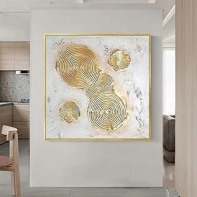  油絵 手描き ボヘミアン ウォールアート キャンバスに描かれた金色の円の絵画 銀色の抽象画 オリジナルの金箔テクスチャアート絵画 リビングルーム用の大きな壁アート絵画 アートワーク