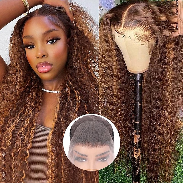  Curly Wave Highlight Wig Human Hair 180 Density HD Transparent Lace Frontal Wig P4/27 Ombre Honey Blonde Frontal Wigs