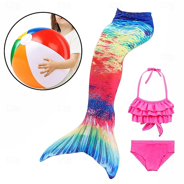  Kids Girls‘ Swimwear with Beach Ball Bikini 3pcs Swimsuit Mermaid Tail The Little Mermaid Swimwear Gradient Sleeveless Blue Rainbow Red Beach Active