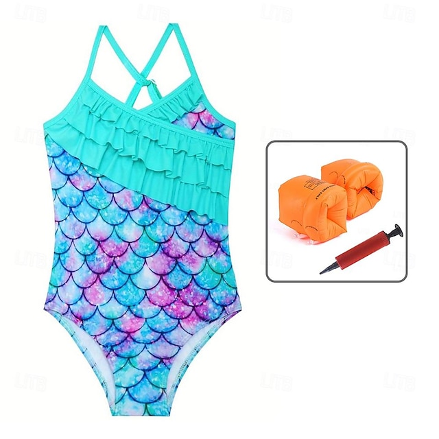  Girls' Cute and Sporty One-Piece Mermaid Swimsuit with Fish Scale Print, V-Neck, and Lotus Leaf Edge, Ages 12 and Under with Arm Floater & Pump
