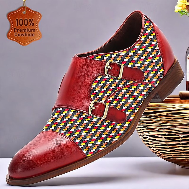  Homens Sapatos de monge Bullock Shoes Couro Couro de grão integral italiano Antiderrapante Velcro Fivela Vinho