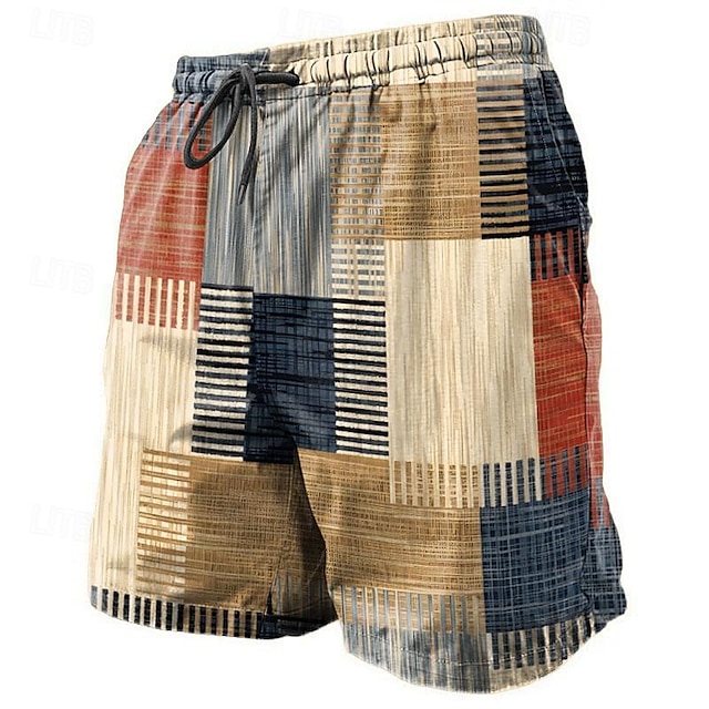  fargeblokktrykk herreshorts hawaiiansk shorts fritidshorts lomme med snøring elastisk midje tilfeldig hverdagsferie mote streetwear