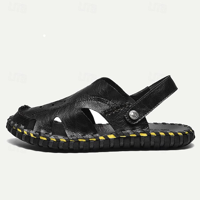  Men's Sandals Flat Sandals Leather Breathable Comfortable Slip Resistant Buckle Black Khaki Coffee