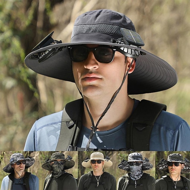  Wide Brim Solar Fan Outdoor Fishing Hat-Solar & USB Charging,Portable Solar Powered Fan Hat - Outdoor Camping, Fishing, Hiking, Sun Protection - Multifunctional, Detachable, for Cycling, Mountaineering, Sunshade