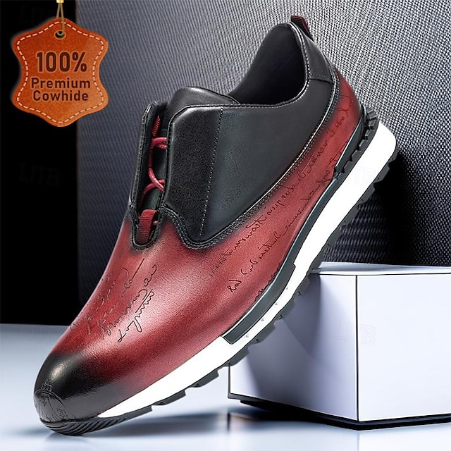  Men's Sneakers Dress Sneakers Leather Italian Full-Grain Cowhide Slip Resistant Lace-up Wine Dark Brown Blue