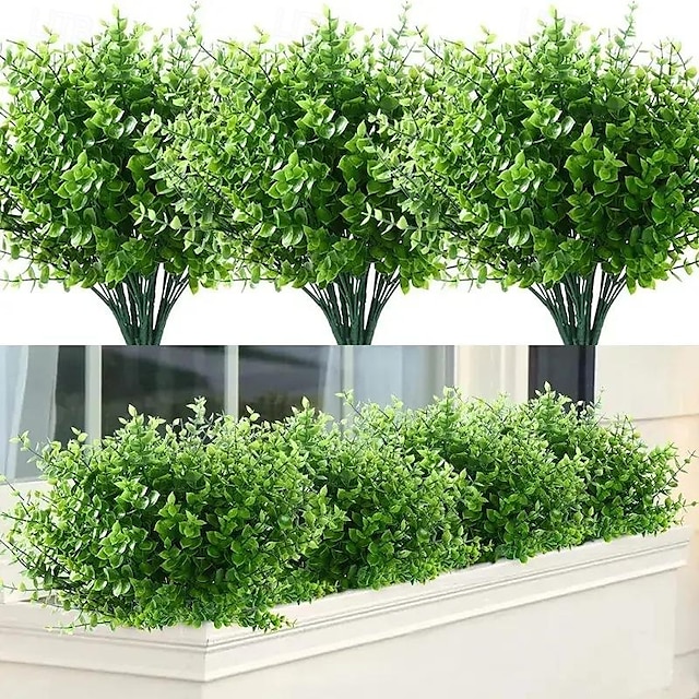  10 rami di piante artificiali da esterno Bouquet di eucalipto a 7 steli e foglie di denaro: verde artificiale per decorazioni murali, matrimoni, giardini e fondali per eventi