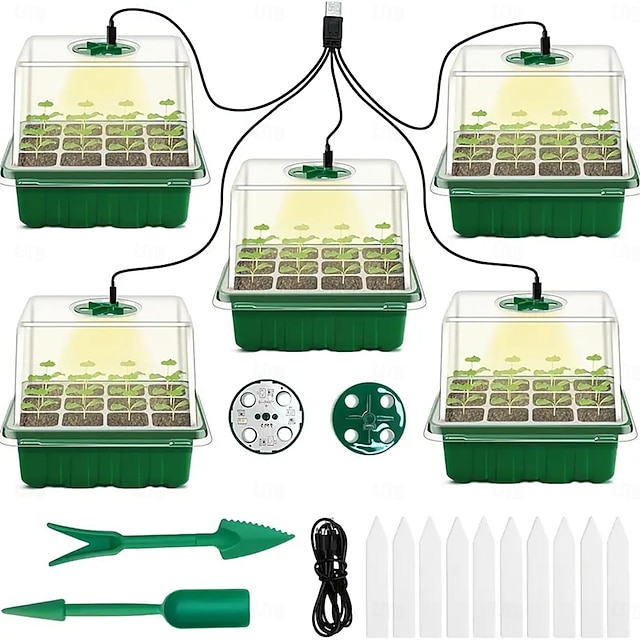  1 Stück/5 Stück LED-Wachstumslichter, Saatgut-Starterschale mit Wachstumslicht, Pflanzen-Starterschale, Setzlings-Starter-Kit mit Feuchtigkeitskuppel-Basis, Mini-Gewächshaus-Anzuchtstation für den
