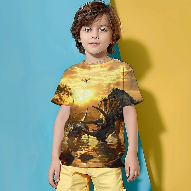  Boys 3D Animal Dinosaur Tee Short Sleeve 3D Print Spring Active Cool Sport Polyester Kids Toddler 3-12 Years Crew Neck Party Outdoor Birthday