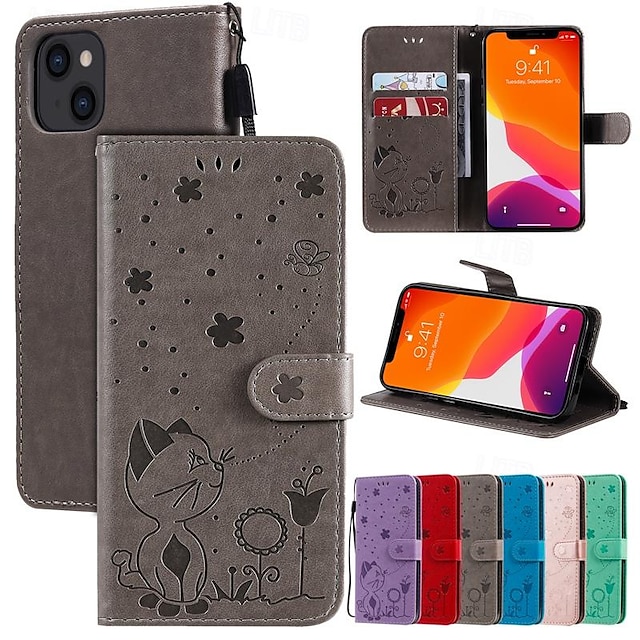  Phone Case For iPhone 15 Pro Max iPhone 14 13 12 11 Pro Max Plus Mini SE Wallet Case Magnetic Full Body Protective with Wrist Strap Cat Bee TPU PU Leather