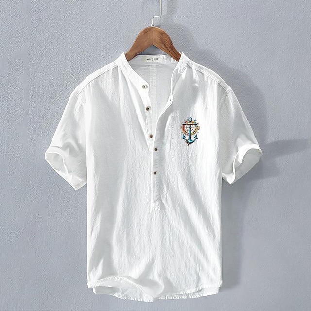  Men's Shirt Cotton Linen Shirt White Cotton Shirt Casual Shirt White Navy Blue Light Blue Short Sleeve Anchor Band Collar Summer Casual Daily Clothing Apparel