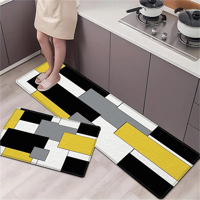  geometrischer Teppich Küchenmatte rutschfeste ölfeste Bodenmatte Wohnzimmerteppich Indoor Outdoor Matte Schlafzimmer Dekor Badezimmermatte Eingangsteppich Türmatte gelb schwarz