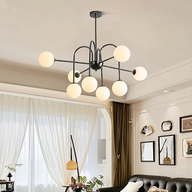  ثريا سبوتنيك 8 أضواء سوداء قلادة منتصف القرن مع ظل زجاجي عالمي تركيبات إضاءة السقف الحديثة للمطبخ وغرفة الطعام وغرفة المعيشة