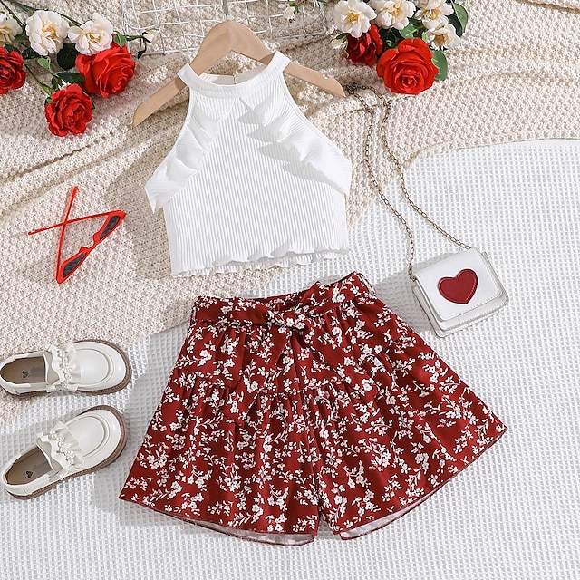  2 Pieces Kids Girls' Solid Color Ruffle Shorts Suit Set Sleeveless Fashion School 7-13 Years Summer White