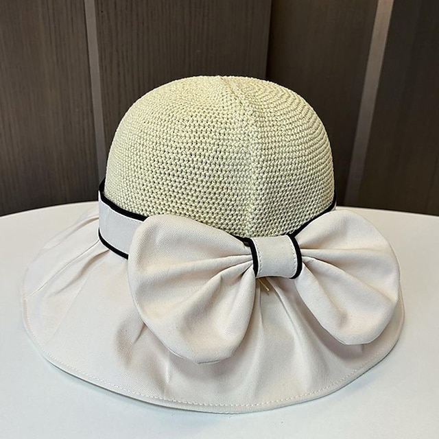  Hats Headwear Acrylic / Cotton Straw Bucket Hat Floppy Hat Straw Hat Casual Holiday Elegant Retro With Bowknot Pure Color Headpiece Headwear