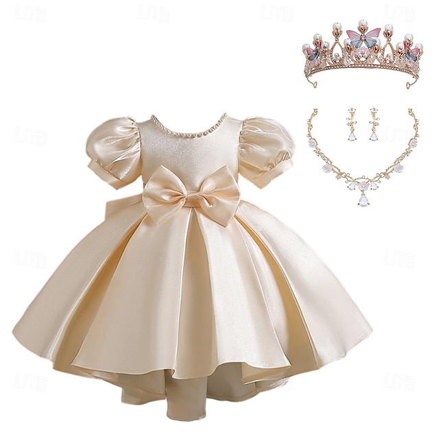  Flower Girl's Dress with Crown Necklace Ear Clip 3Piece Set Kids Girls' Party Dress Short Sleeve Wedding Special Occasion Zipper Adorable Sweet Asymmetrical Party