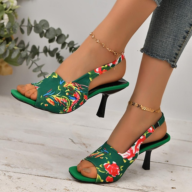  Mulheres Sandálias Sapatos Sexy Diário Flor de Cetim Salto Agulha Dedo Aberto Sensual Poliester Mocassim Vermelho Verde