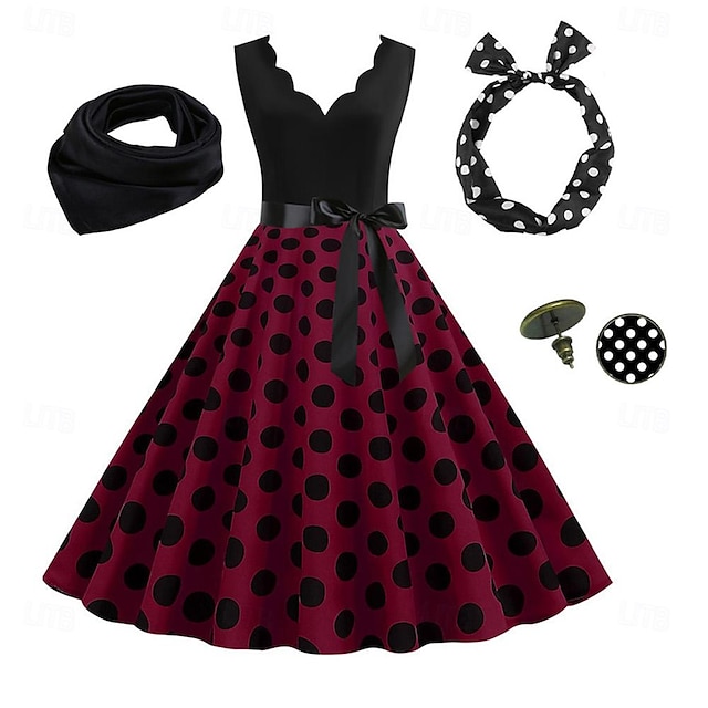 Women's A-Line Rockabilly Dress Polka Dots Swing Dress Flare Dress with Accessories Set 1950s 60s Retro Vintage with Headband Scarf EarringsFor Vintage Swing Party Dress