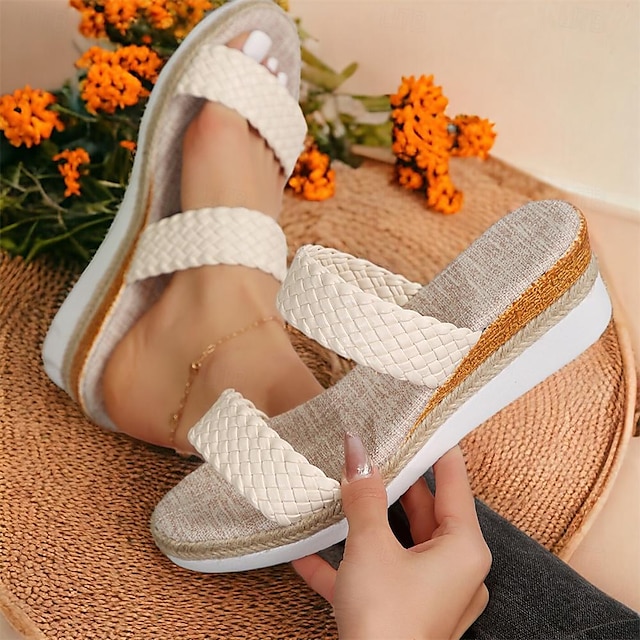  Women's Sandals Slippers Wedge Sandals Espadrilles Platform Sandals Outdoor Vacation Beach Braided Platform Bohemia Vacation Microbial Leather Loafer Beige