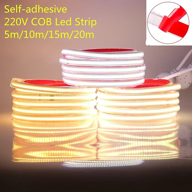  220V COB LED Strip Light with Dimmer/Switch/EU Plug 288Leds/m Dimmable Adhesive High Bright LED Tape Waterproof Outdoor Lamp 1~5m