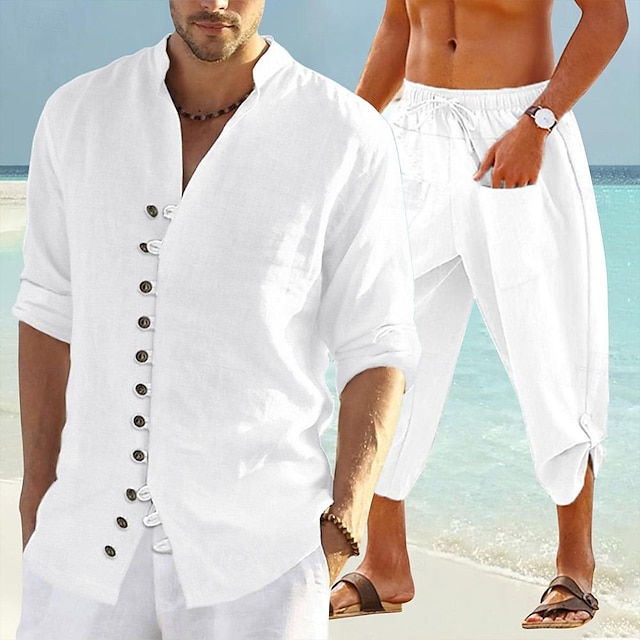  seturi asortate bărbați cămașă de in cu pantaloni scurți de plajă cu șnur talie elastică 2 buc. seturi de vacanță de vară guler cu mâneci lungi casual zilnic uni bumbac și in primăvară și vară