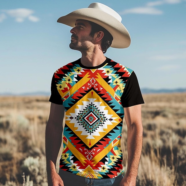  Aztec Tribal Modieus Retro vintage Etnisch Voor heren 3D-afdrukken T-shirt T-shirt Zwart Korte mouw Strakke ronde hals Overhemd Zomer Lente Kleding S M L XL XXL XXXL