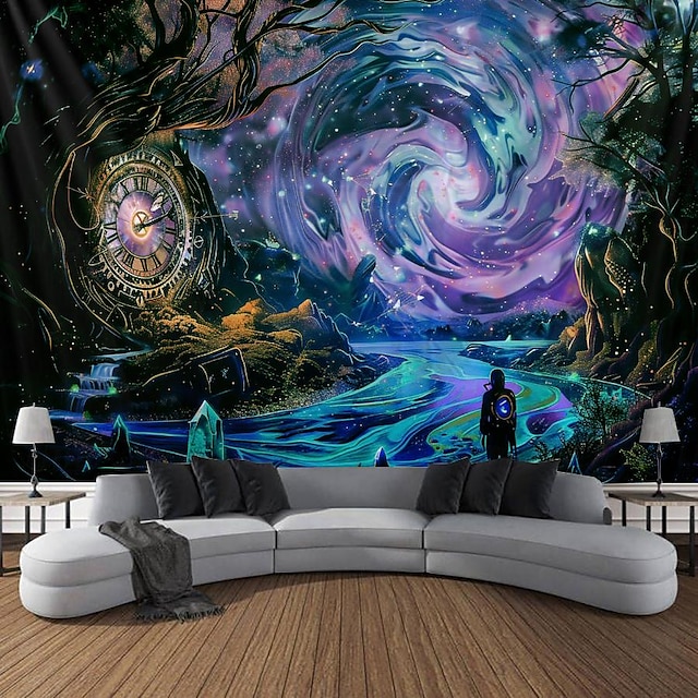  Blacklight Tapestry UV Reactive Glow in the Dark Clock Time Traveler Trippy Misty Forest Nature Landscape Hanging Tapestry Wall Art Mural for Living Room Bedroom