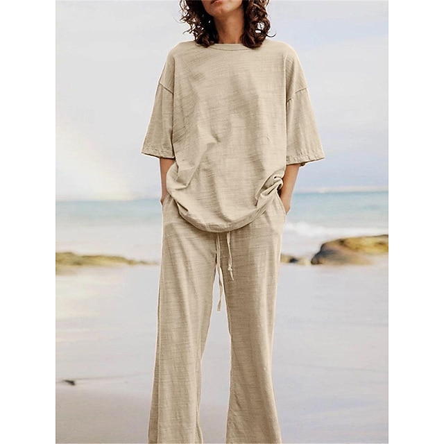 Elegant Resort Linen Blend Stand Neck Front Slit Midi Top and Elastic Waist Loose Pants Set