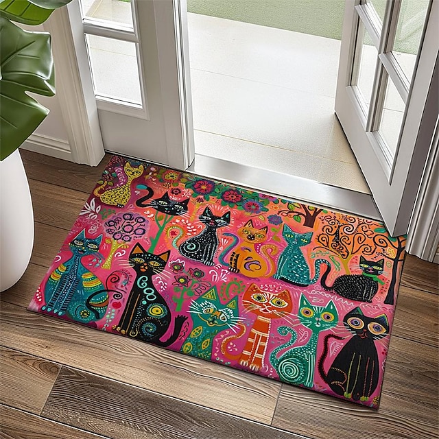  Felpudo de gatos de arte popular, alfombra de cocina, alfombra de suelo, alfombra antideslizante, alfombra a prueba de aceite, alfombra interior y exterior, decoración de dormitorio, alfombra de