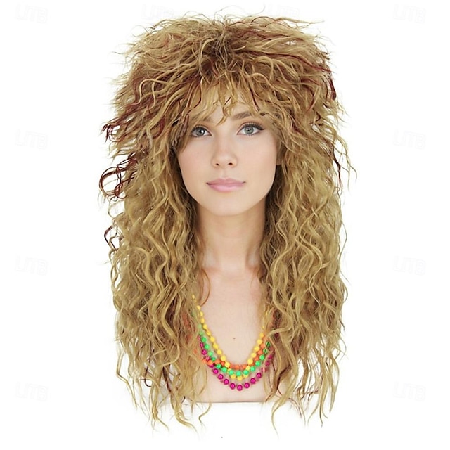  Womens 70s 80s Wig Curly Wigs for 70s 80s Costume Women Long Blonde Mixed Brown Curly Wavy Wig Mullet Rocker Wig Without Accessories  (Only Wigs) CJ031M