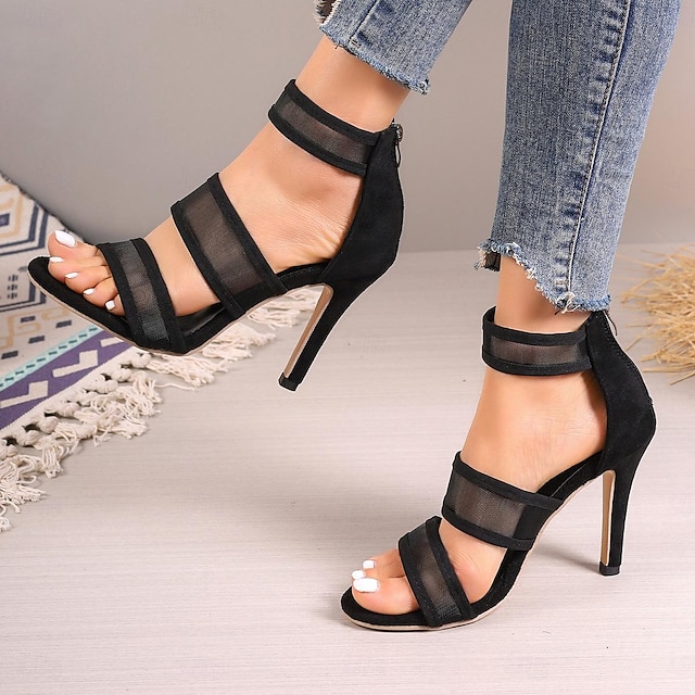  Women's High-Heeled Sandals With Back Zipper Mesh Design Wide Strap Jazz Dance Shoes With Sexy Round Toe Stiletto Heels Open Toe for Night Club Parties and Fashionable Look