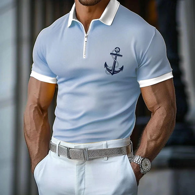 Men's Nautical Hawaiian Polo Shirts Golf Shirt Short Sleeve Polo Shirts Collared Shirts Casual Beach Wear Vacation Wear Tropical Wear Party Outfits 3D Print Quarter Zip Polo Spring & Summer Blue4