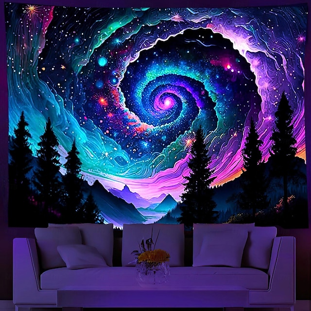  Tapiz de luz negra UV reactivo que brilla en la oscuridad galaxia universo bosque trippy brumoso hongo naturaleza paisaje colgante tapiz pared arte mural para sala dormitorio