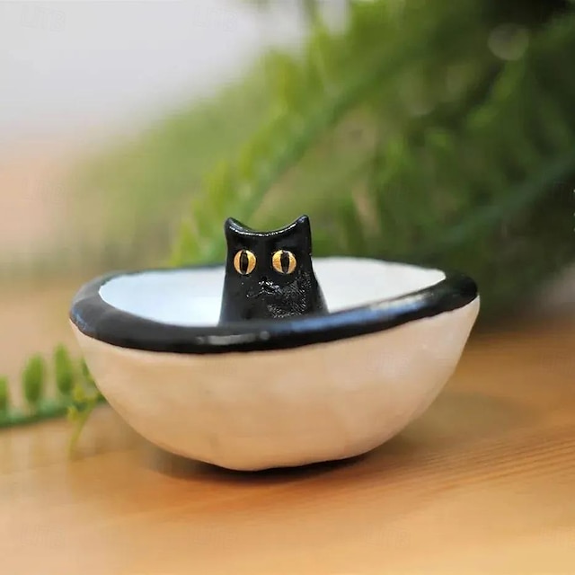  Schmuckschale mit schwarzer Katze – Kunstharz-Dekor fürs Schlafzimmer, realistisches Ornament für Ringe, Armbänder und mehr