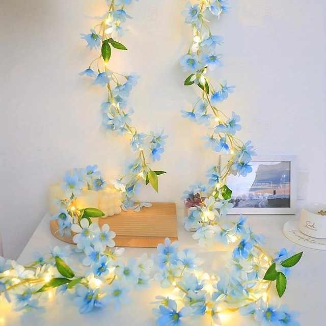  1pc Flower String Lights Blue 6 Petal, Battery Operated Floral Vine Fairy Lights for Bedroom, Party, Wedding, Christmas, Thanksgiving, All Season Decoration, Home, Fireplace, Staircase and Handrail