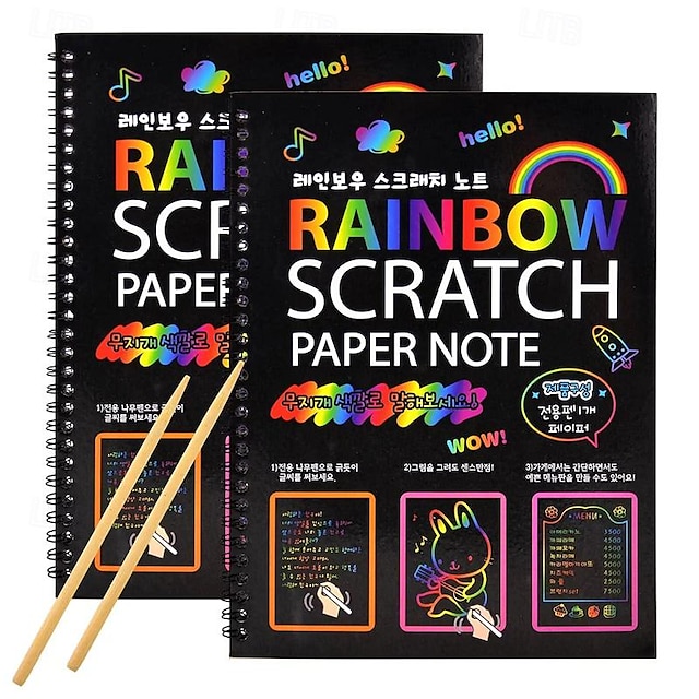  Paquete de 2 libros de arte para niños con diseño de arcoíris, color negro, tarjeta de papel artístico de arcoíris, libro para rascar de neón con palo de madera