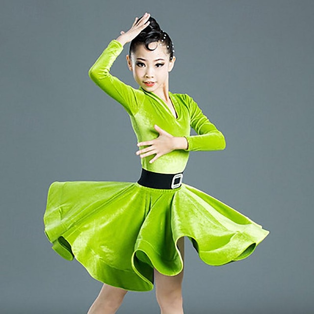  ריקוד לטיני בגדי ריקוד לילדים שמלה צבע טהור שחבור בנות הצגה הדרכה שרוול ארוך גבוה פוליאסטר