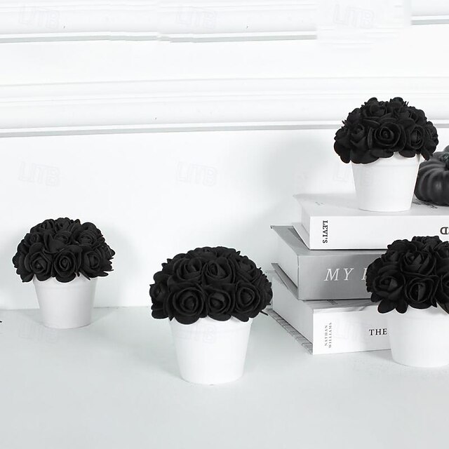  schwarze künstliche Rose Mini-Topfpflanze für elegante Wohnkultur