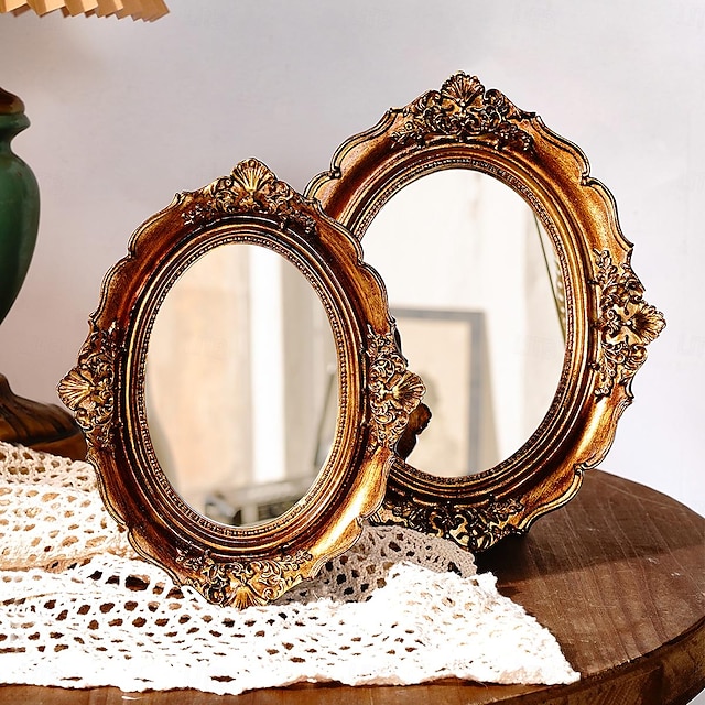  vintage ovalt speil dekorativ ornament i antikk kobber: harpiksmateriale med palasslignende ramme, ideell for sminkeforfengelighet, pynteoppbevaring og fotografisk rekvisitadekor