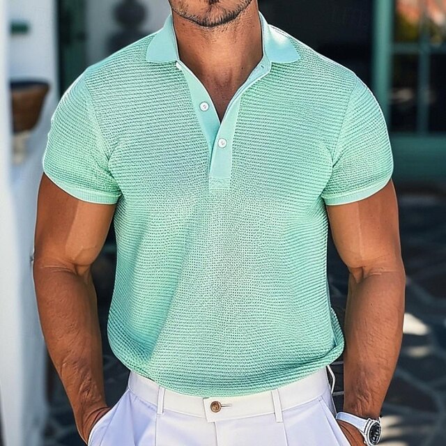  Men's Golf Shirt Knit Polo Business Casual Classic Short Sleeve Fashion Solid Color Button Summer Spring Regular Fit Light Green Golf Shirt