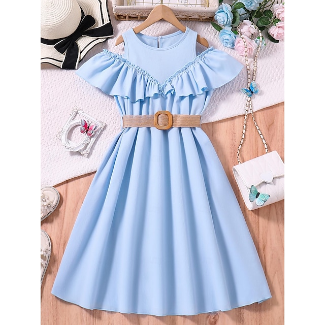  Kids Girls' Dress Solid Color Short Sleeve School Casual Ruffle Fashion Daily Polyester Summer 7-13 Years Sky Blue